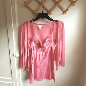 Pure Pink Cotton Cardigan & Ruffled Hem Top